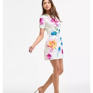 Maggy London White Floral Shift Mini Dress with Multicolor Blooms